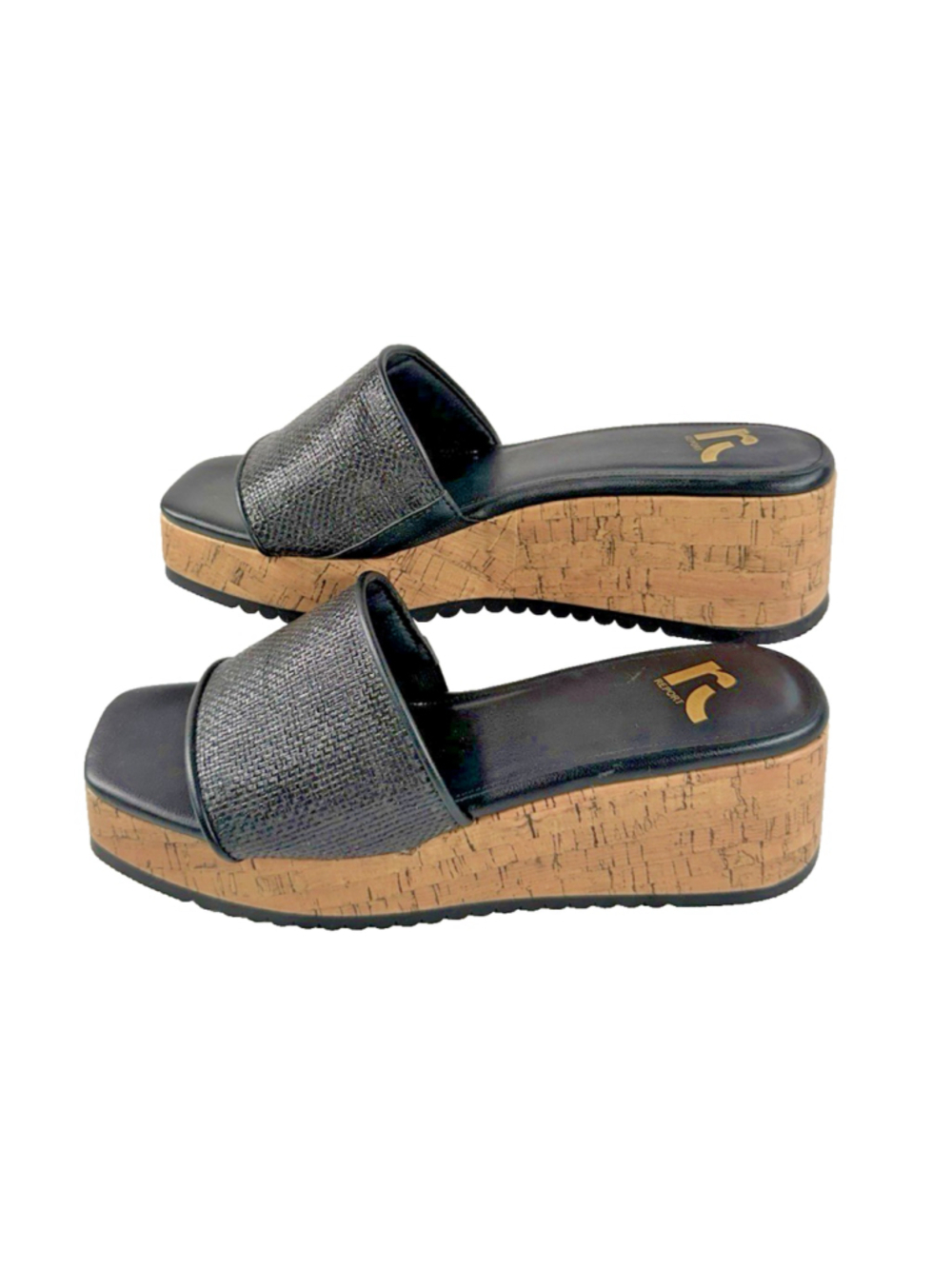 REPORT Cork Sandals Wedge Heels Black Bream Platform Shoes sz 9.5M